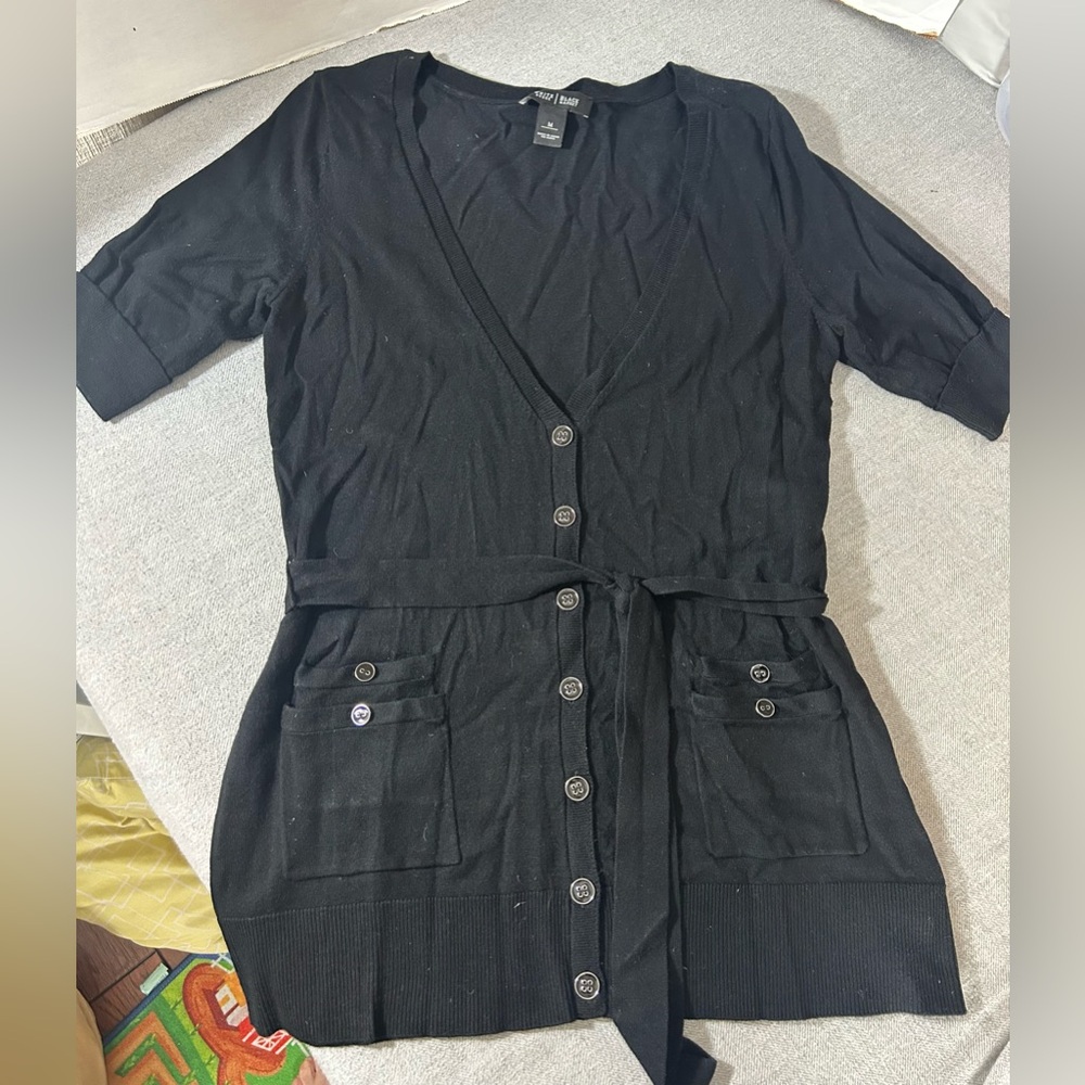 White House Black Market Black Short Sleeve Button Down Cardigan, Tie Belt Med
